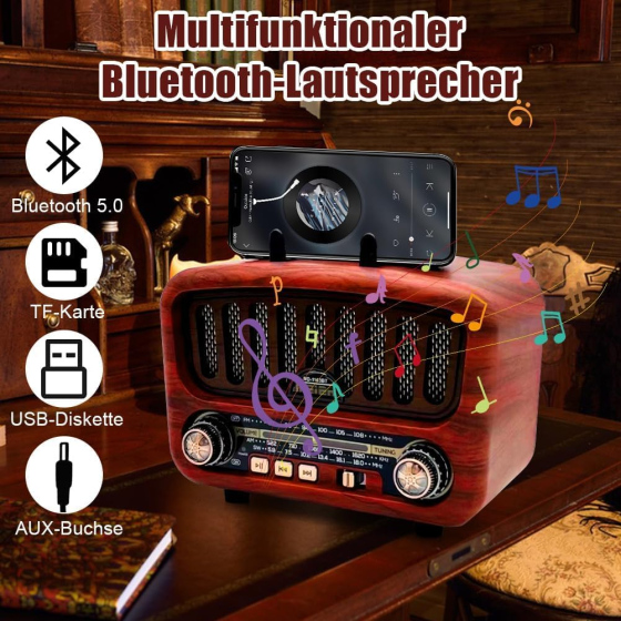 Ретро-радіо Pilanmall AM/FM/SW з Bluetooth 5.0 — Портативна акустика, Акумулятор 1800 мАг, Solar, USB, TF, AUX Київ