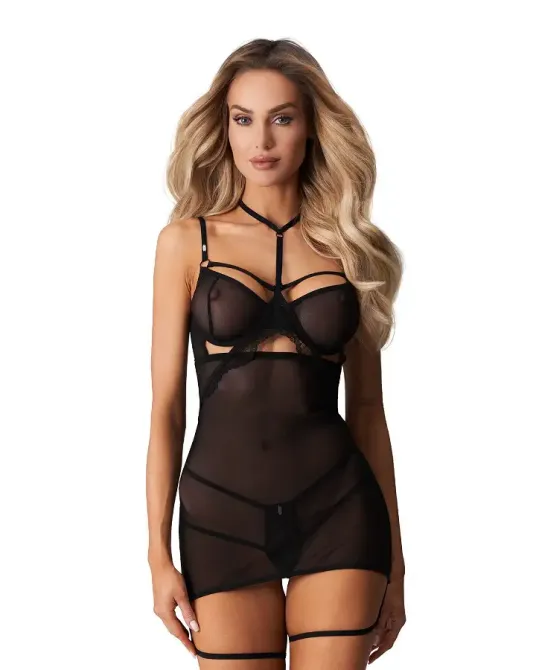 Бэби-долл Obsessive Arrowel Black chemise 2XL/3XL, с декоративным чокером и гартерами Львов - изображение 1
