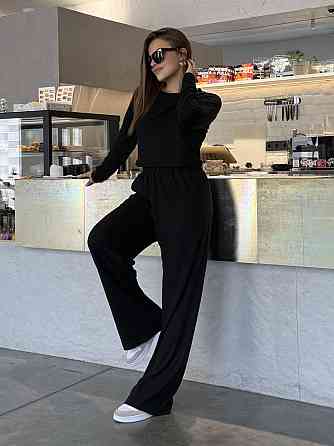 Женский костюм штаны с лонгсливом рубчик Бежевый Черный XS/S Харьков