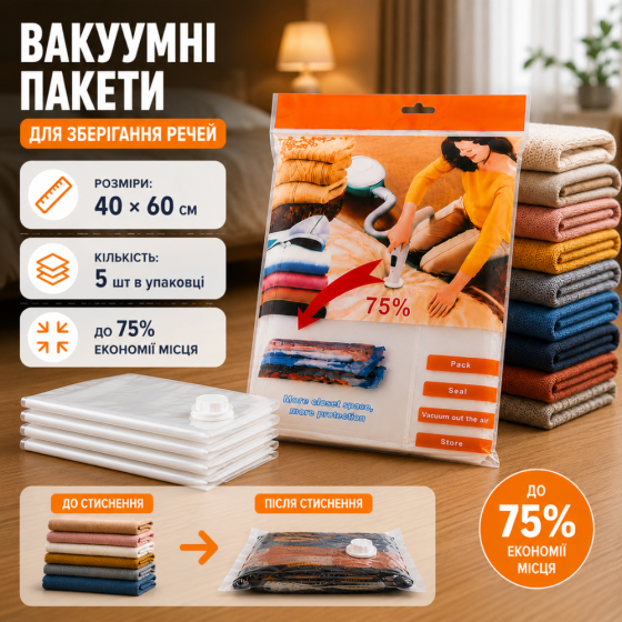 Комплект вакуумных пакетов с Zip-замком 5 шт для одежды вещей багажа, с клапаном мешок вакуумный для хранения, 40х60 см Каменец-Подольский