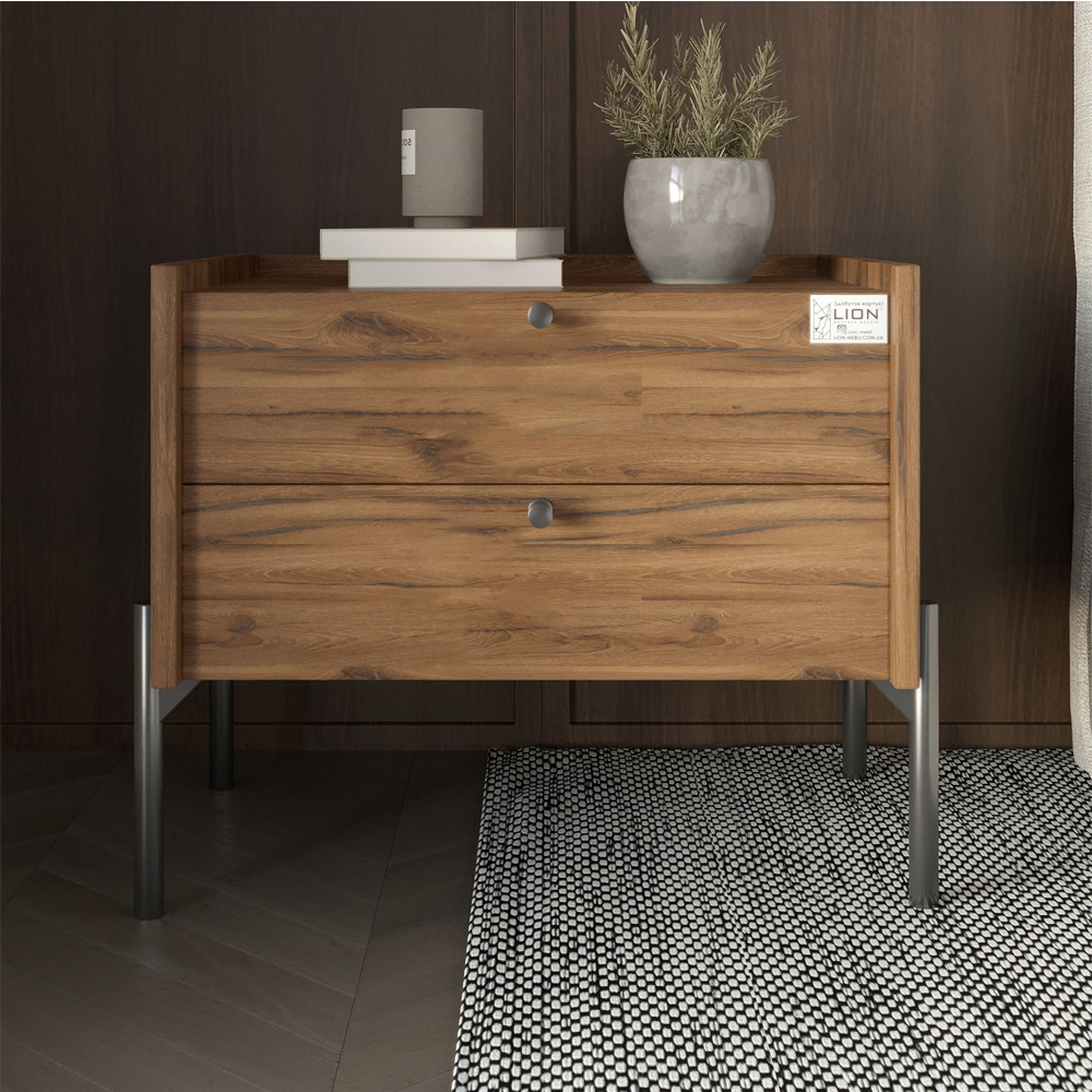 Тумба прикроватная LION Wood с двумя ящиками Дуб Ливорно (черные ножки) (LION-041350) Львов - изображение 1