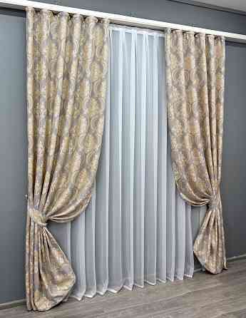 Комплект готовых штор VR-Textil Лен Корона Мария № 1265ш Темно-серый с золотистым 150х270 см 2 шт (33-0103) Киев