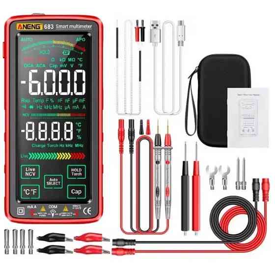 Мультиметр тестер Aneng 683 PRO сенсорный с встроенным аккумулятором AC/DC 10A/1000V с NCV и True RMS (Красный) Винница