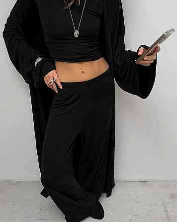 Женский базовый повседневный костюм тройка: кардиган лонгслив и штаны вискоза Черный, 42/46 Одесса