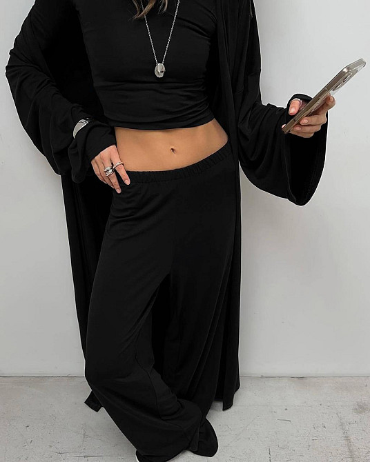 Женский базовый повседневный костюм тройка: кардиган лонгслив и штаны вискоза Черный, 42/46 Одесса - изображение 1