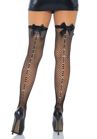 Панчохи-сітка зі швом ззаду Leg Avenue Bow back seam thigh highs One size Black, атласний бант Львів