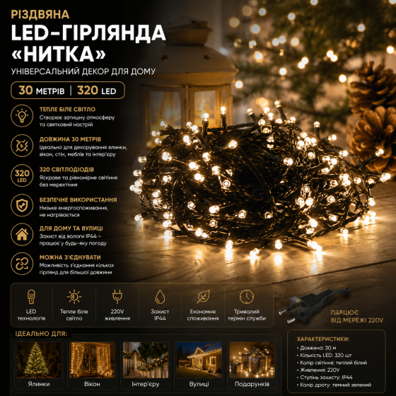 Різдвяна LED-гірлянда «Нитка» (30 метрів) — 320 світлодіодів, універсальний декор для дому Київ