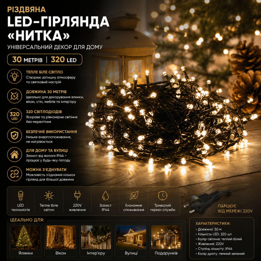 Різдвяна LED-гірлянда «Нитка» (30 метрів) — 320 світлодіодів, універсальний декор для дому Київ - фото 3