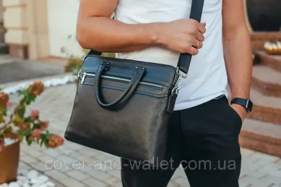 Офисная мужская сумка из натуральной кожи черного цвета ST Leather Киев