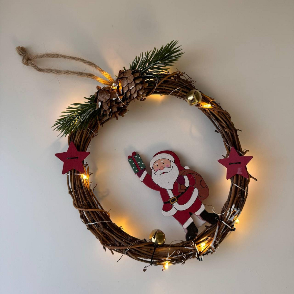 Рождественский венок из ротанги новогодний венок подвесной декор 18 см Niki Light LED от батареек дед мороз Киев - изображение 10