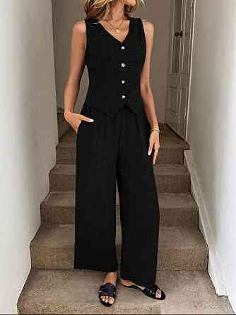 Жіночий базовий брючний костюм-двійка: жилет і штани льон бохо Чорний, 42/44 Одеса