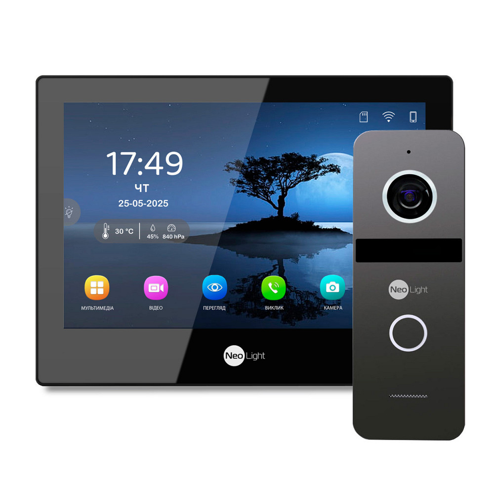 Комплект Wi-Fi IP-видеодомофон 8 дюймов Wi-Fi NeoLight ALPHA Hybrid Black и вызывной панели NeoLight Solo IPW Black Graphite Киев - изображение 1