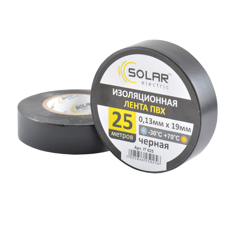 Лента изоляционная ПВХ Solar, 0.13mm x 19mm, 25м, черная Львов - изображение 1