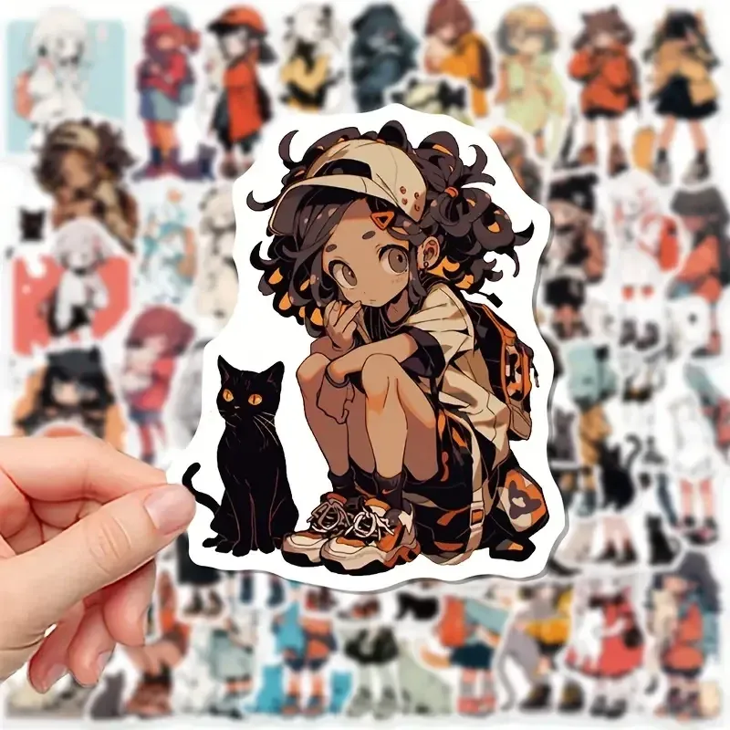 Набір наклейок з малюнками аніме дівчаток з кішками (50 шт.), стікербомбінг аніме Київ - фото 5