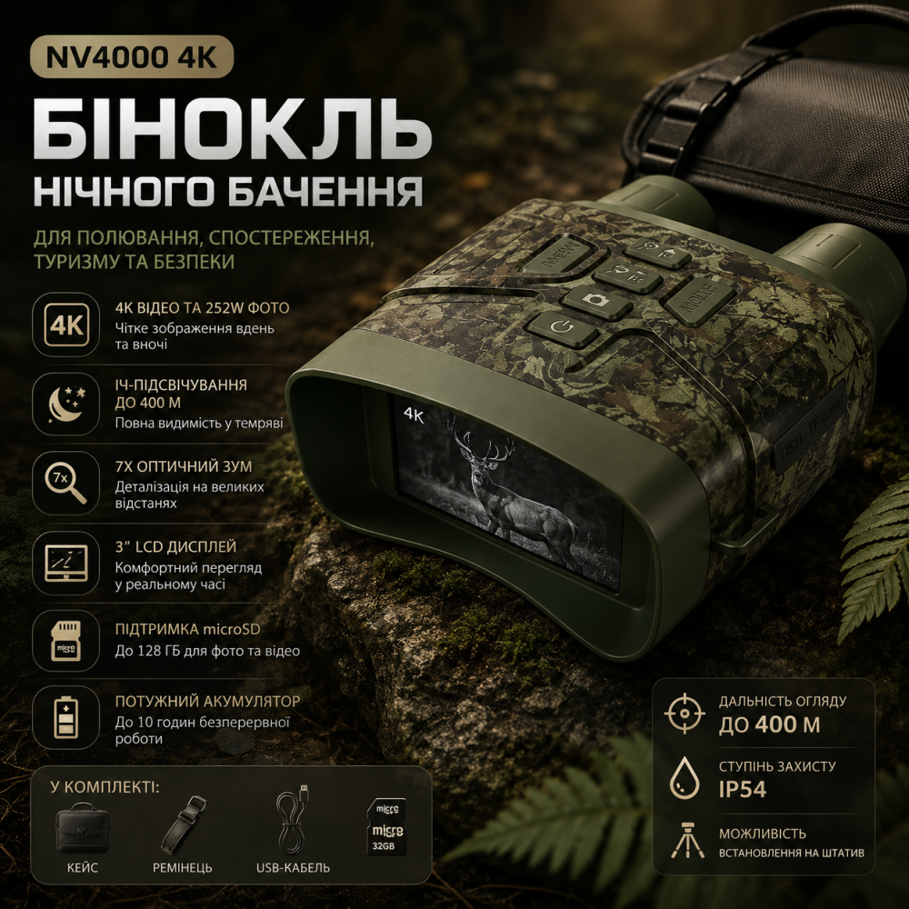 Цифровий бінокль нічного бачення NV4000 4K 252W з ІЧ-підсвічуванням до 400 м, 7х зум та кейсом, камуфляж (ISHARE 8140) Київ - фото 9