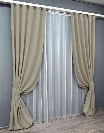 Комплект штор VR-Textil Микровелюр Petek 100х270 2шт и Тюль 400х270 1488ш-1153т Бежевый с белым 71-057/2 Киев