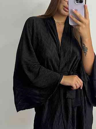 Жіночий халат зі стрейч-плісе з поясом Чорний Харків