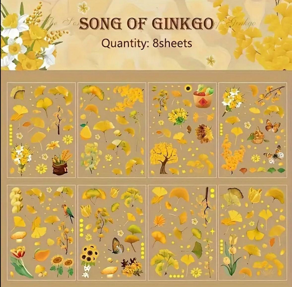 Набір вінтажних стікерів «Пісня гінкго» – 8 аркушів жовте листя 11×19 см Київ - фото 3
