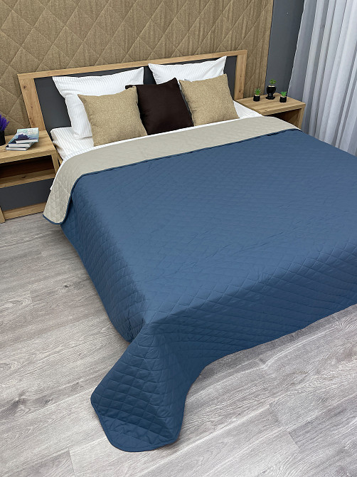 Покрывало двустороннее Decorator Microfiber ромб 215x240 см синий с бежевым (85-026) Киев - изображение 4