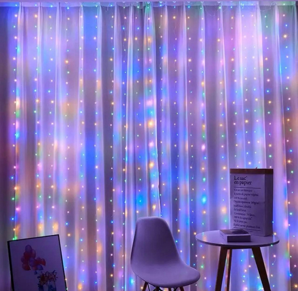 Светодиодная гирлянда штора роса Niki Light штора от USB 8 режимов с Пультом 300LED 3x3м разноцветный мультиколор Киев - изображение 1