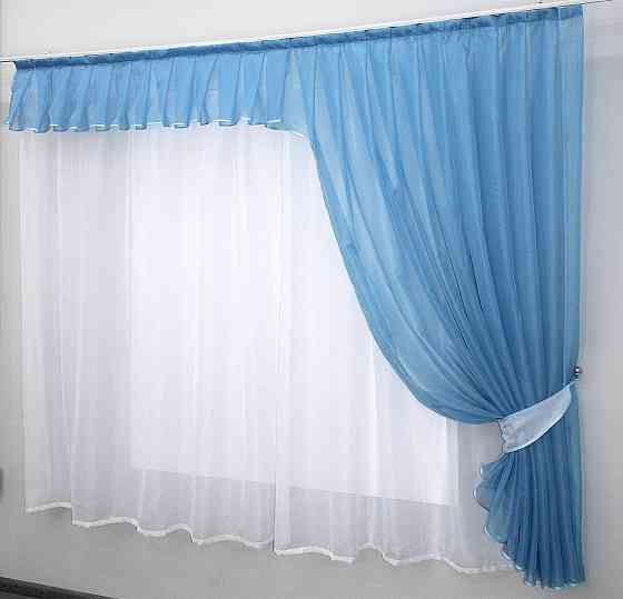 Кухонный комплект (200х170см) шторка с ламбрекеном и тюлю цвет голубой с белым 00к 59-421 Киев