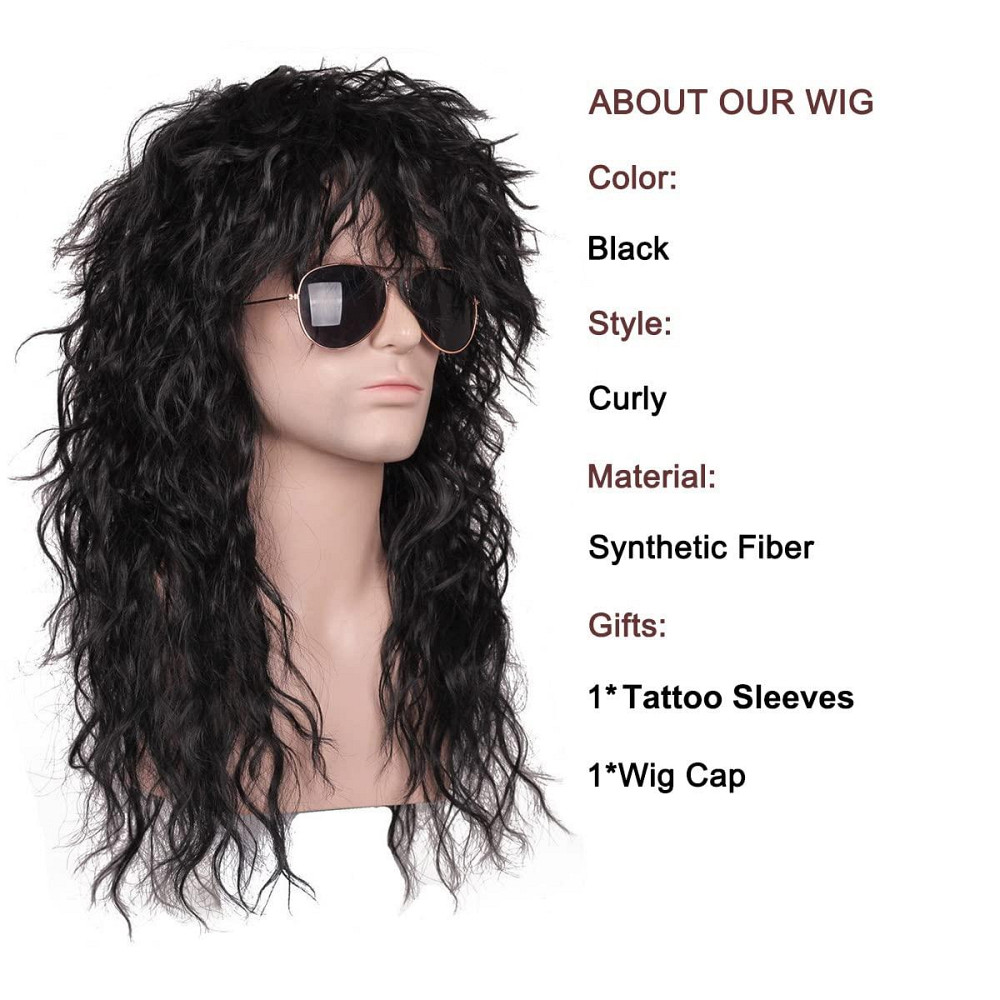Парик черный кудрявый длинный в стиле рок 80-х, с тату рукавами, для косплей вечеринок смены образа Рок-звезда Киев - изображение 2