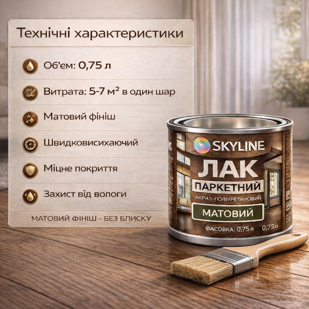 Лак для підлоги матовий Skyline паркетний, акрил-поліуретановий, водний, зносостійкий, без запаху, 750 мл Харків - фото 10