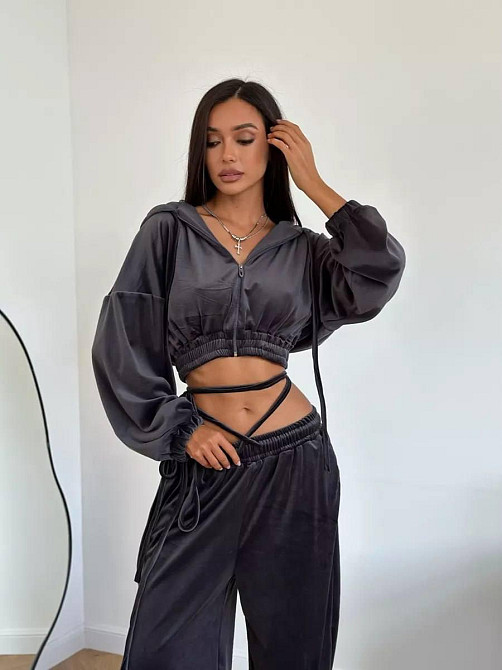 Женский стильный повседневный велюровый костюм плюш-велюр Черный, 44/46 Одесса - изображение 2