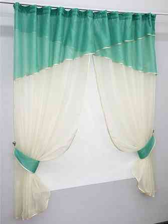 Кухонные шторы VR-Textil № 091к с ламбрекеном и подвязками бирюзовый с бежевым 280х170 см (52-0092) Киев