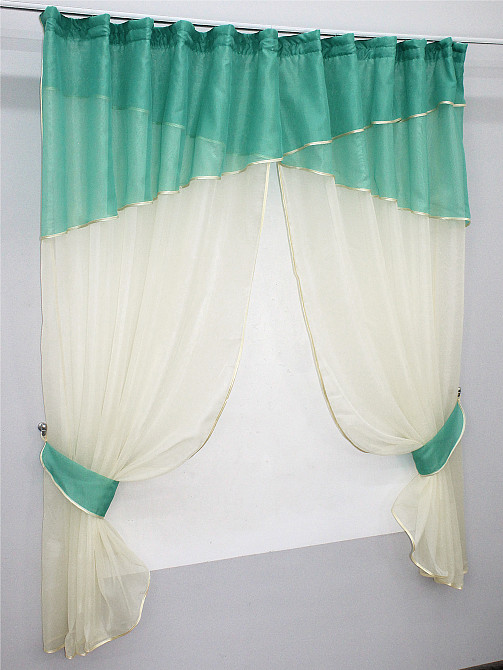 Кухонные шторы VR-Textil № 091к с ламбрекеном и подвязками бирюзовый с бежевым 280х170 см (52-0092) Киев - изображение 2