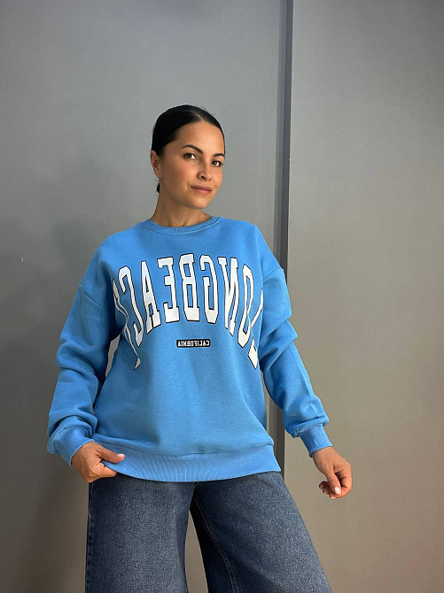 Свитшот женский Quzen 488 надпись впереди long beach флис утепленный голубой, голубой, M Киев - изображение 1