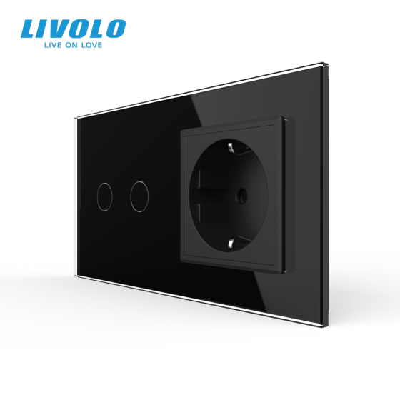 LIVOLO Сенсорний вимикач 2 сенсора 1 розетка LIVOLO чорний матовий скляний Коломия
