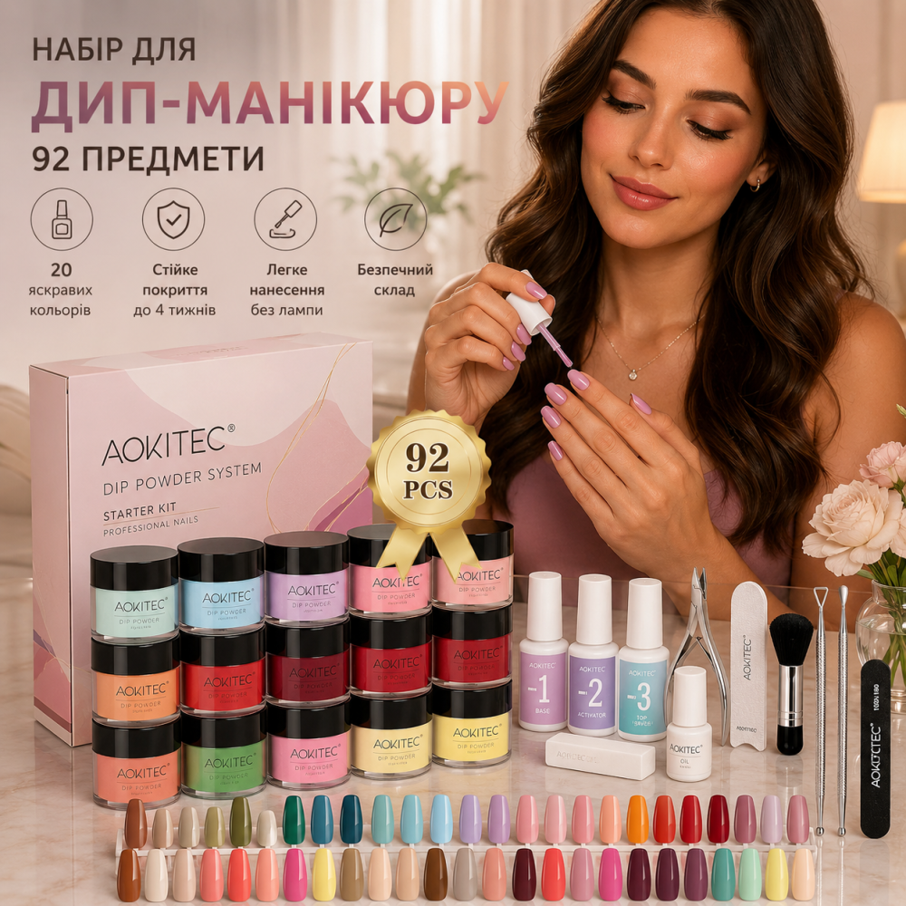 Набор для дип-маникюра Aokitec 92 предмета, Dip Powder System, 20 цветов, база, активатор, топ, масло для кутикулы Киев - изображение 8