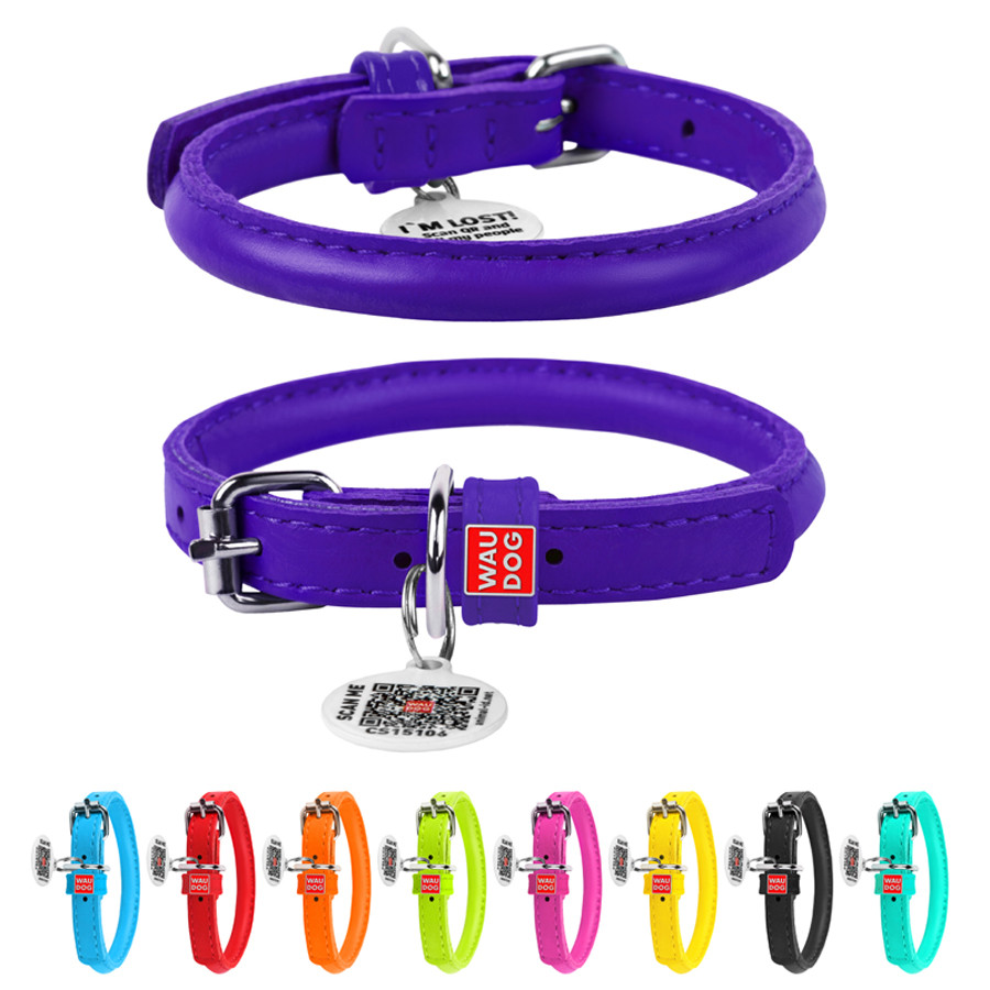 Нашийник для собак шкіряний WAUDOG Glamour з QR паспортом, круглий, Д 6 мм, Дов 17-20 см фіолет Коломыя - изображение 1