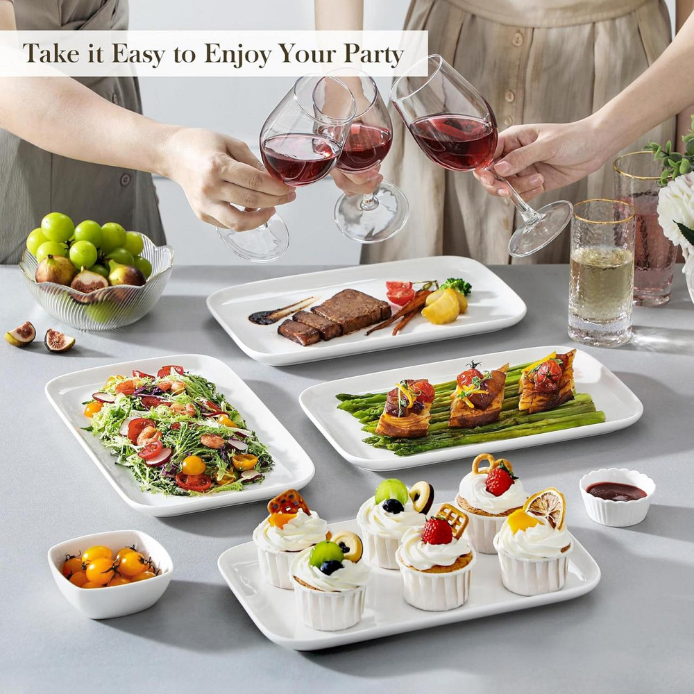 Тарілки порцелянові прямокутні набір 4 шт, велике сервірувальне блюдо біле, таріль 30×18 см для суші, закусок, десертів, MALACASA Київ - фото 7