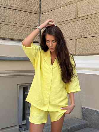 Женский летний базовый костюм двойка: шорты + рубашка свободного кроя лен бохо 46/48, Лимонный Одесса