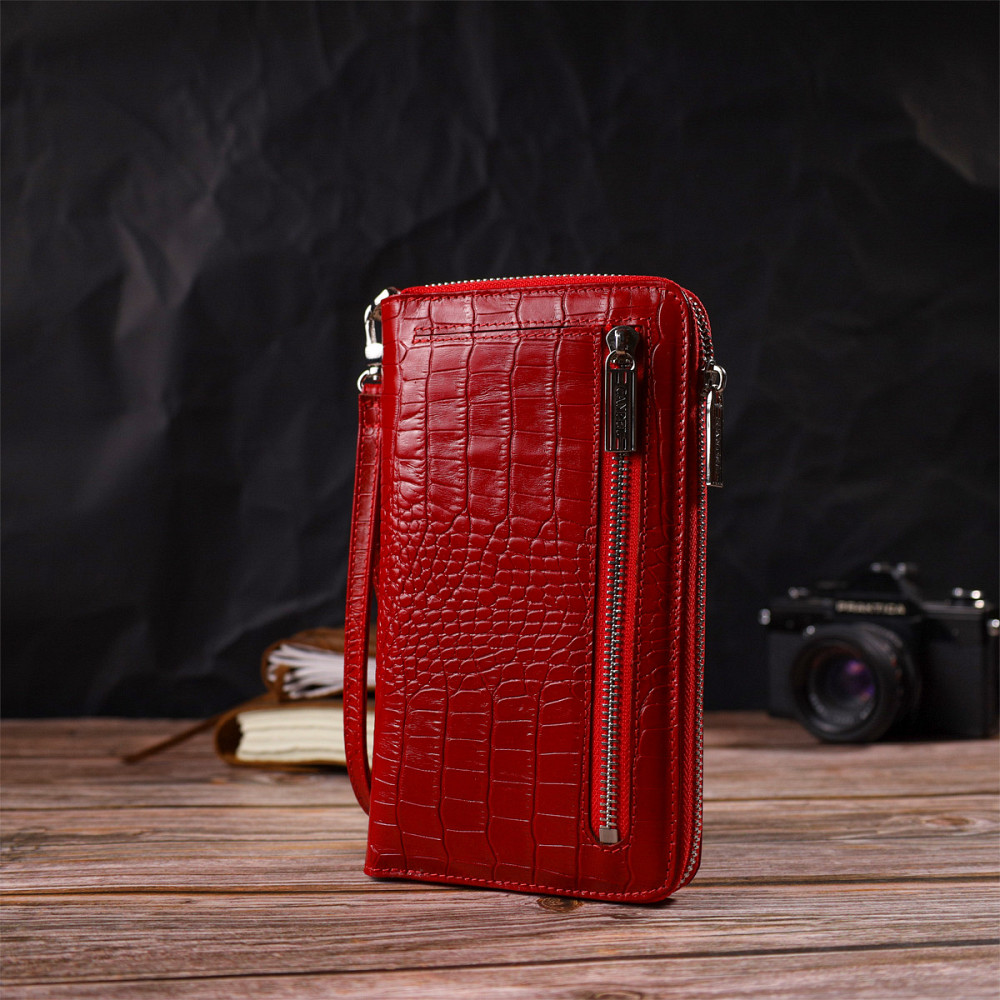 Функциональный клатч для женщин из натуральной кожи с тиснением под крокодила CANPELLINI 21920 Красный Киев - изображение 8