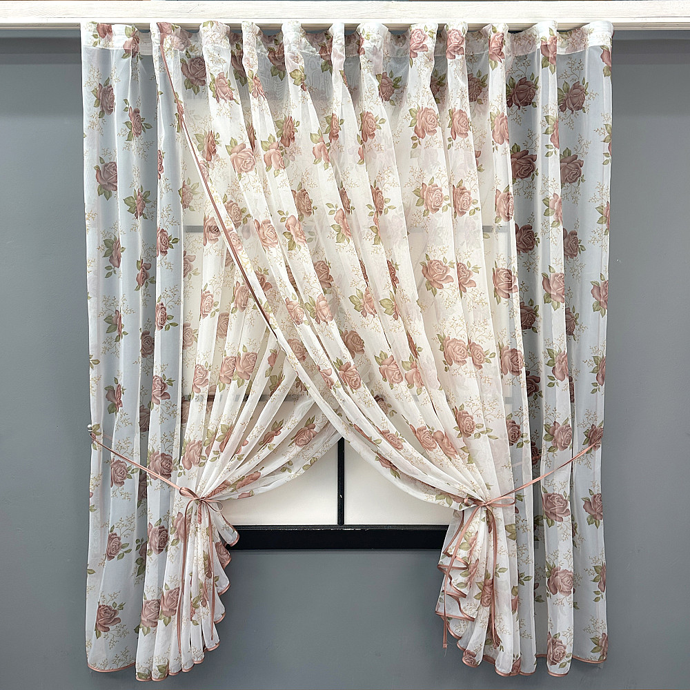 Кухонные шторки VR-Textil № 101к с подвязками Белый с пудровым 320х170 см (52-1212) Киев - изображение 1