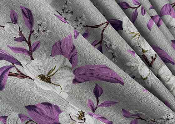 Шторна тканина льон з квітковим принтом, колекція "Прованс" колір сірий з фіолетовим 1820ш Київ