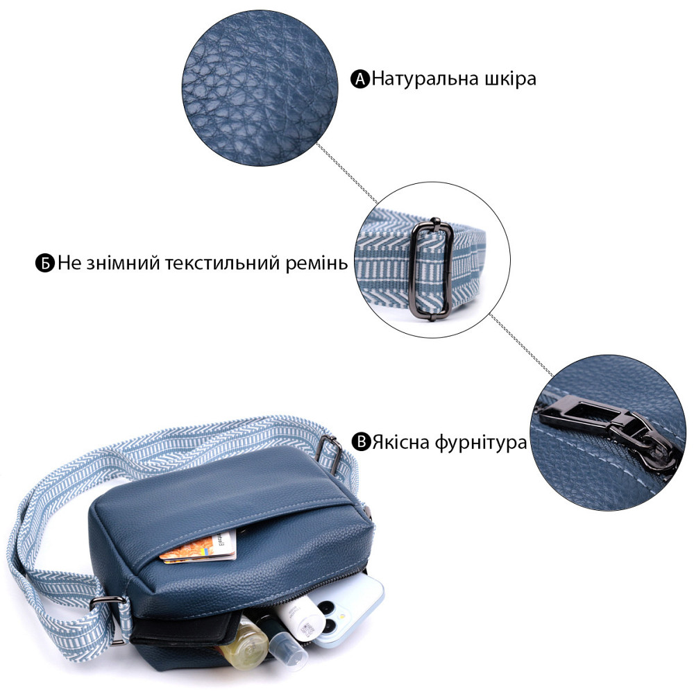 Трендова сумка на одне відділення для стильних жінок із натуральної шкіри Vintage 22605 Синя Київ - фото 4