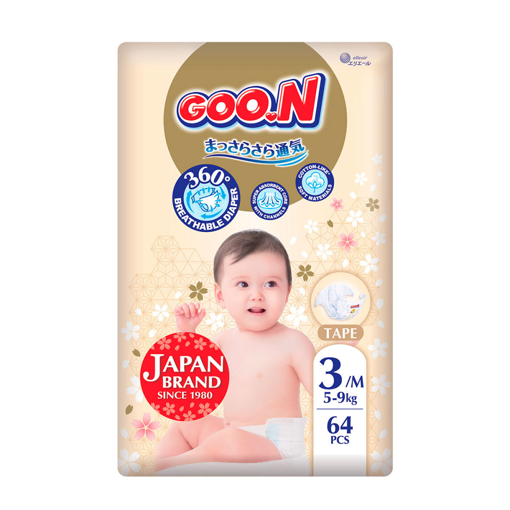 Підгузки Goo.N Premium Soft для дітей (розмір 3(M), 5-9 кг, 64 шт) Дніпро - фото 1
