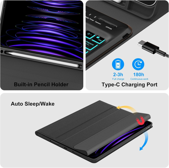 Чехол-клавиатура JADEMALL для iPad Pro 12.9″ 3/4/5/6 Gen 2018–2022, Bluetooth, QWERTZ, подсветка, синий Киев