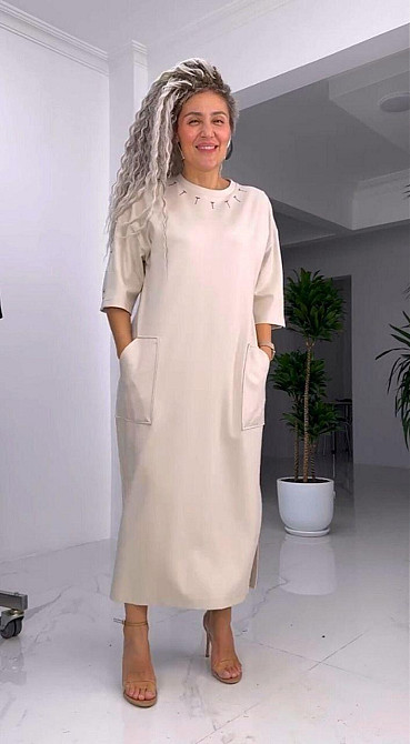 Женское стильное батальное платье трикотаж двунитка. Беж, 54/58 Одесса - изображение 4