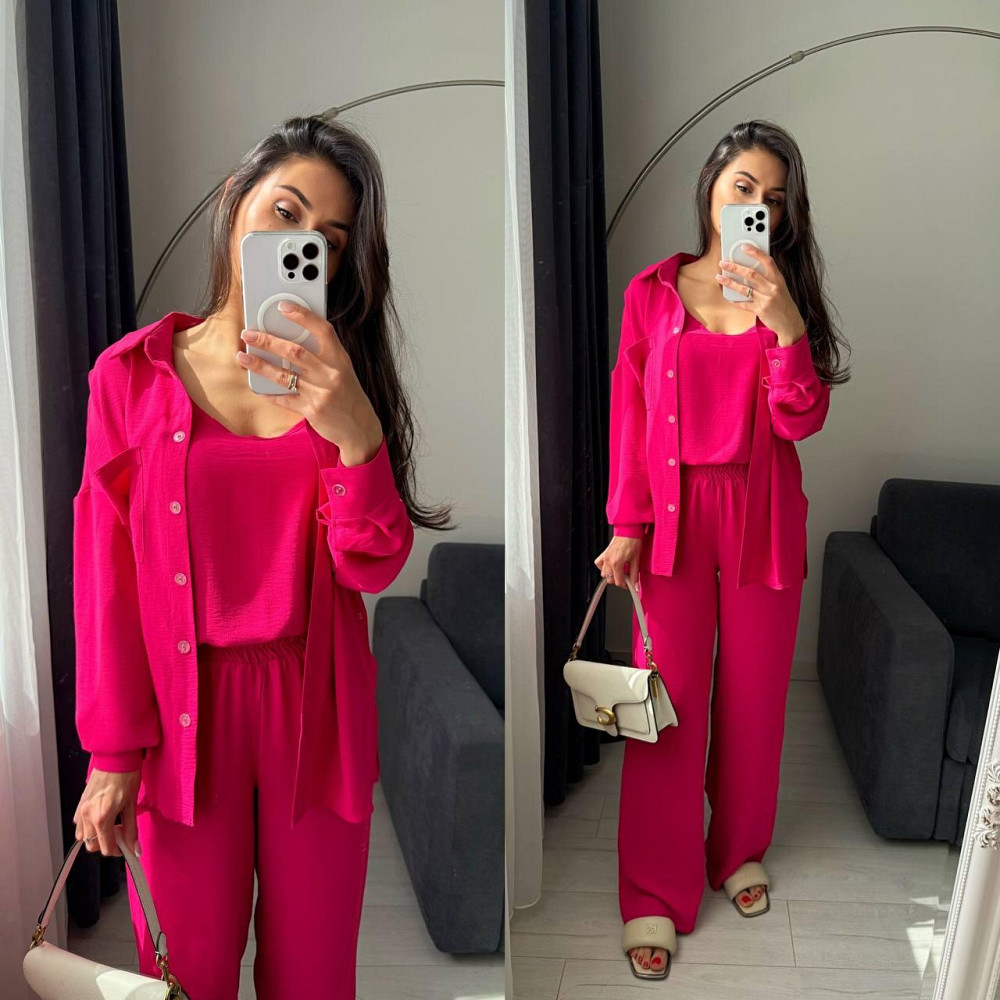 Женский базовый костюм тройка: рубашка майка и штаны креп жатка Малиновый, 42/44 Одесса - изображение 1