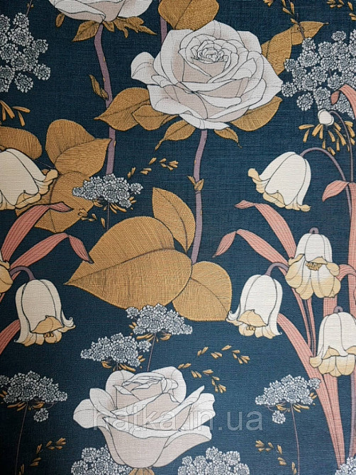 Шпалери вінілові Lutece Melody 51197011 квіти листя жовті білі бежеві на темно-синьому тлі Київ - фото 2