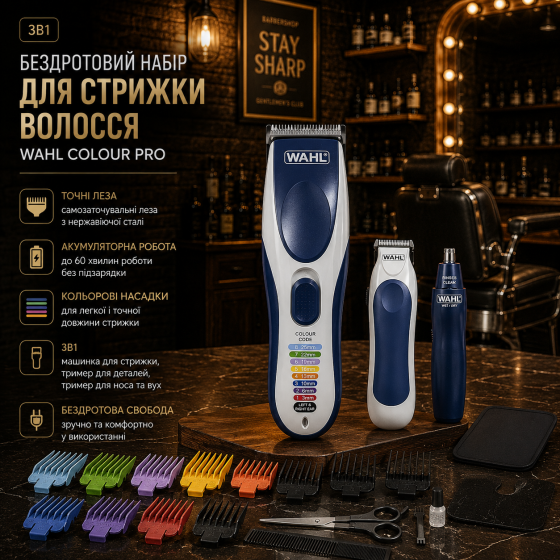Бездротовий набір для стрижки Wahl Colour Pro 3-в-1, акумуляторна машинка для стрижки, тример для носа та вух, кольорові насадки Київ