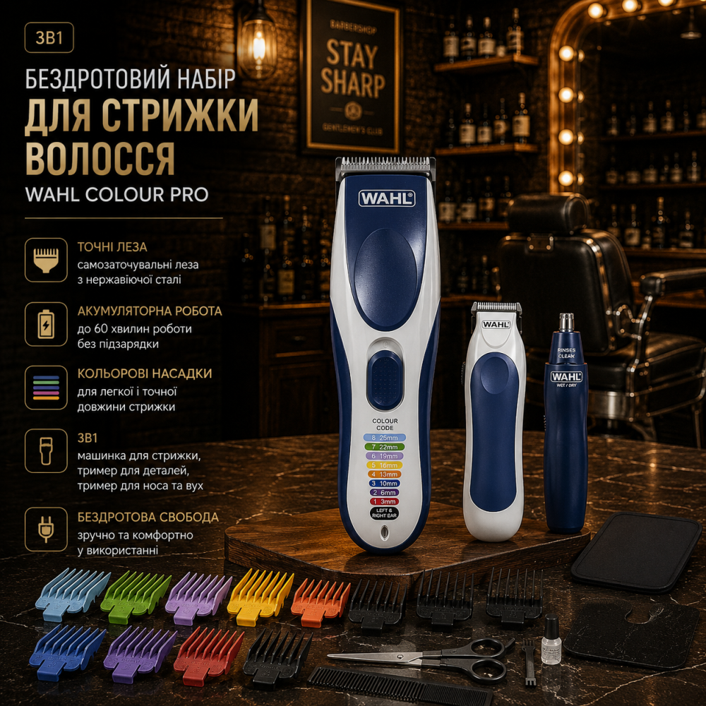 Бездротовий набір для стрижки Wahl Colour Pro 3-в-1, акумуляторна машинка для стрижки, тример для носа та вух, кольорові насадки Київ - фото 1