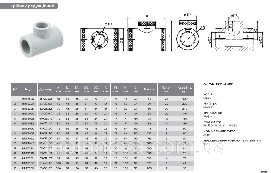 Трійник редукційний PPR ø40х25 (Поліпропілен) Raftec 40х25 RRT4025 Чернівці - фото 3