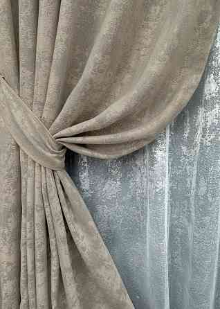 Комплект штор VR-Textil Жаккард Мрамор 150х270 2шт и Тюль 400х270 1208ш-1400т Бежево-серый с белым 71-006/3 Киев
