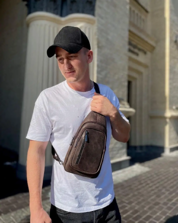 Мужской слинг из кожи 17х30х6, крейзи хорс для телефона 6349 коричневый Киев